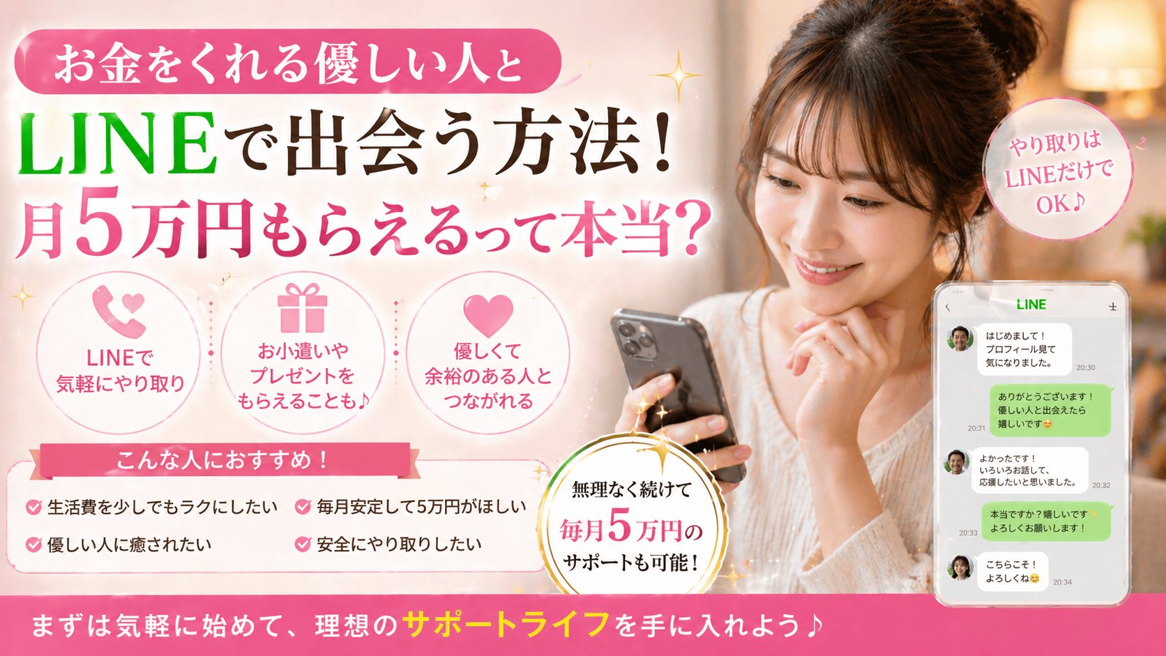 お金をくれる優しい人とLINEで出会う方法！月5万円もらえるって本当？